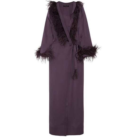 Carine Gilson New Feather Trimmed Silk Satin Robe Purple XL - Picture 1 of 7